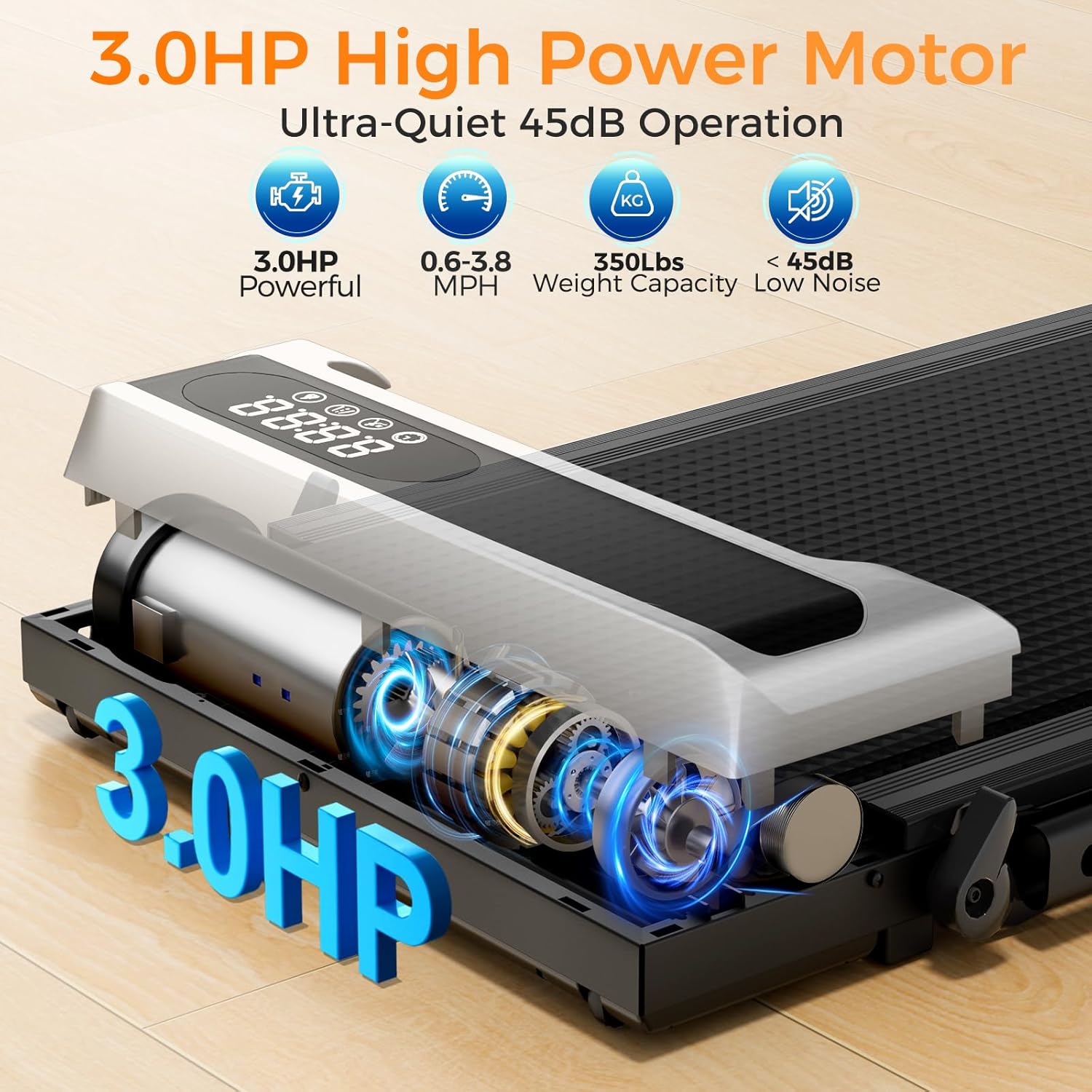 Walking Pad Treadmill with Handle Bar for Home Office,3.0HP Low Noise Portable Folding Under Desk Treadmill with Remote Control,Jogging Running Machine,350 Lbs Capacity,LED Display